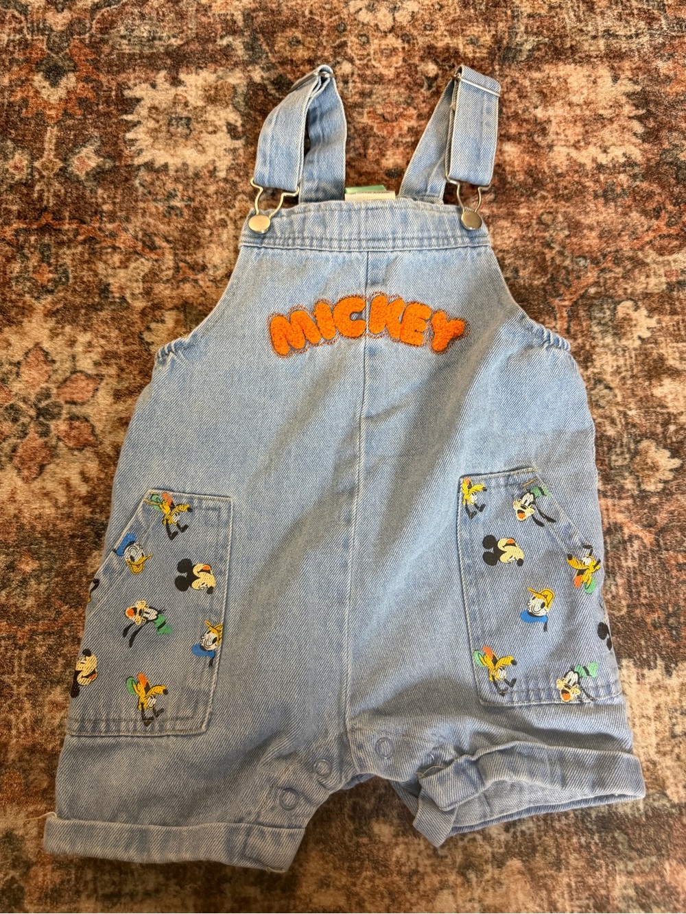 Disney Light Blue Denim Mickey Patch Short Overalls with Orange Logo